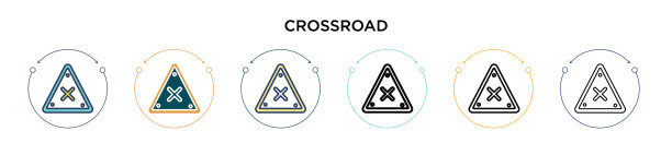 十字路口标志图标以细线填充轮廓线图片下载