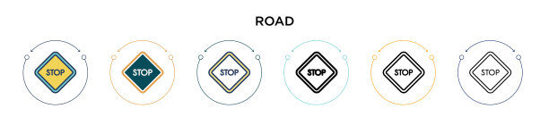 路标图标以细线填充轮廓和道路图片下载