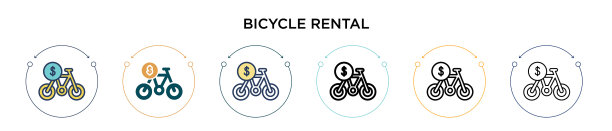 自行车租赁图标在填充细线轮廓图片下载