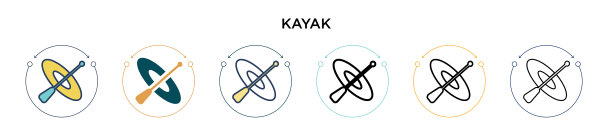 皮艇图标在填充细线轮廓和笔划图片下载
