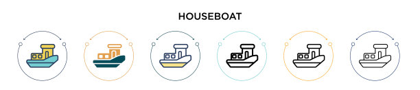 船屋图标在填充细线轮廓和图片下载