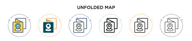 已展开的地图图标，填充细线轮廓图片下载