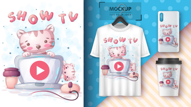 小猫正在电脑上看电影海报和商品推销图片下载