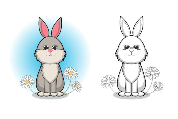 可爱的卡通兔子与甘菊。黑白矢量插图着色书。黑色和白色矢量插图的着色书和彩色的样本图片。图片下载