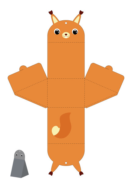 松鼠为糖果、糖果、礼物设计的派对礼盒。包装模切模板，伟大的任何目的，生日，婴儿淋浴。可编辑的蓝图布局与切割和计分线。图片下载