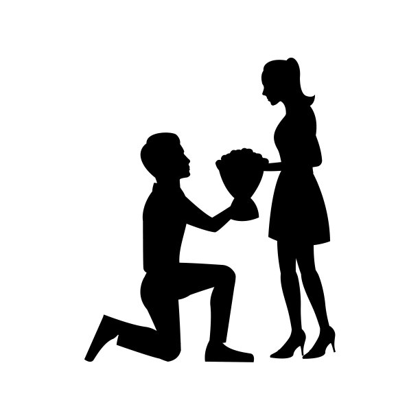 黑色剪影设计与孤立的白色背景的男子送花给女朋友图片下载