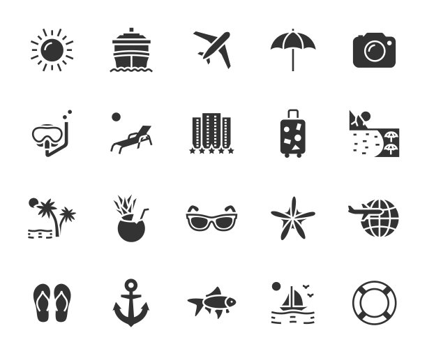 矢量集的度假平面图标。包含图标酒店，游轮，旅行，行李，海滩，浮潜，鸡尾酒和更多。像素完美。图片下载