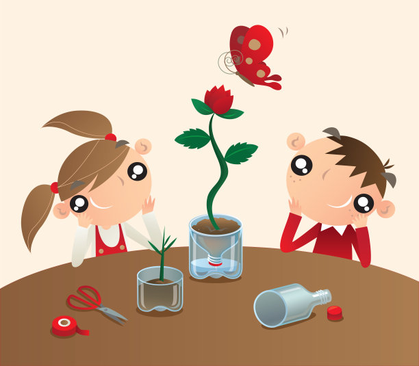 两个孩子重复使用废弃的塑料瓶，把它们变成了花盆图片下载