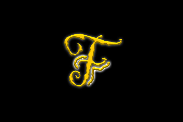 字母F以黄色皇家字体输入，白色外发光，黑色背景。图片下载