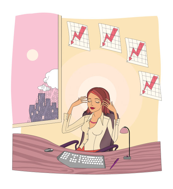 女性在工作场所冥想和放松。办公室的日常事务。插图。图片下载