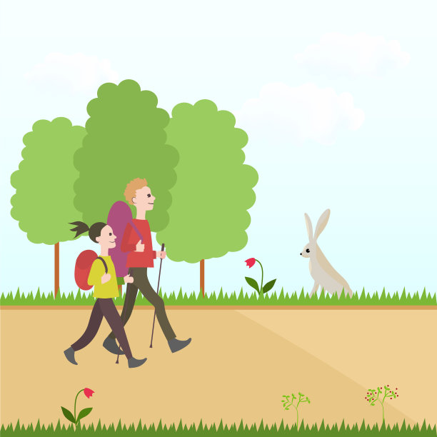 男孩和女孩背着背包在森林或公园里散步。动物和植物。向量卡通形象。图片下载