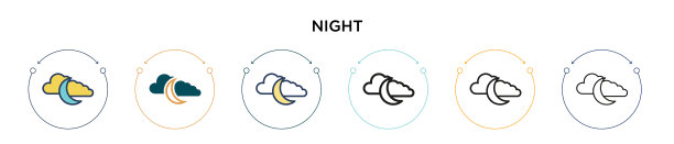 夜间图标在填充细线轮廓和描边图片下载