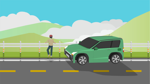 男人站在路边欣赏山景。图片下载