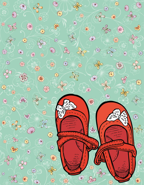 矢量插图的红鞋小女孩的装饰背景与花和蝴蝶图片下载