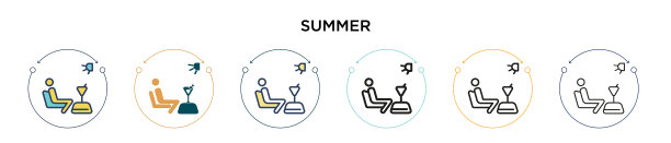 夏季图标在填充细线轮廓和图片下载