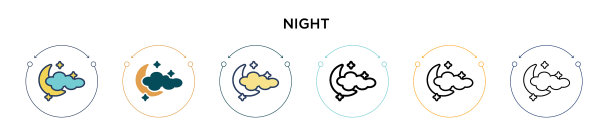 夜间图标在填充细线轮廓和描边图片下载