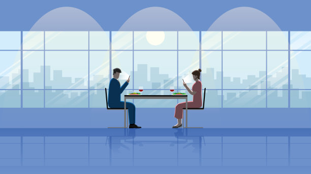 手机成瘾导致的人际关系问题。情侣们用手机上的社交应用在餐厅浪漫的晚餐约会。在一起的时候用技术分开。图片下载