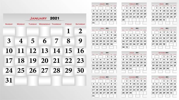 日历2021年，英语口袋日历。色彩斑斓的向量集。2021年的基本网格日历模板。极简主义风格的计划日记。公司和商业日历。2021年日历在最小表和红色和灰色的事件策划人，周开始图片下载