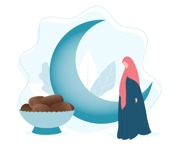 斋月与月亮、穆斯林妇女和枣椰图片下载