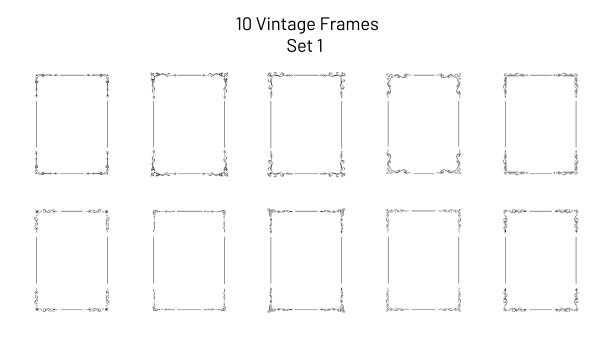 收集10个漂亮的复古华丽的框架，角落花饰，一套独有的矩形模板，空手绘vignette设计元素，为页，空白，证书图片下载