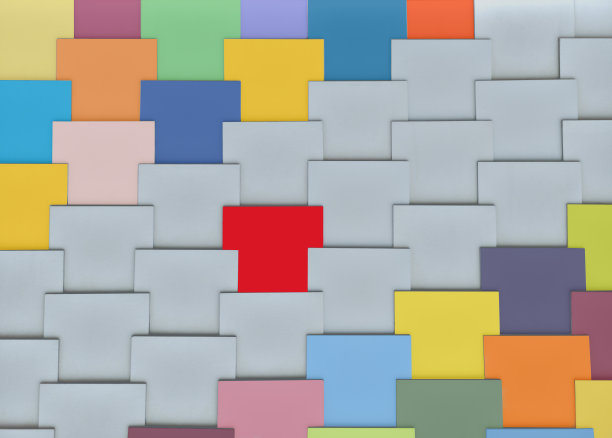 抽象的背景，在角落用明亮的色调增强气氛，由外墙装饰的壁板瓷砖制成，中间是一块红色瓷砖。趋势背景下,复制空间。灰色的主要部分图片下载