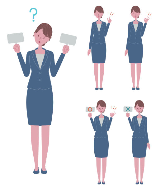 一个穿着蓝色套装的女人的插图(我对选择，正确和不正确的答案，点，OK标志不知所措)图片下载