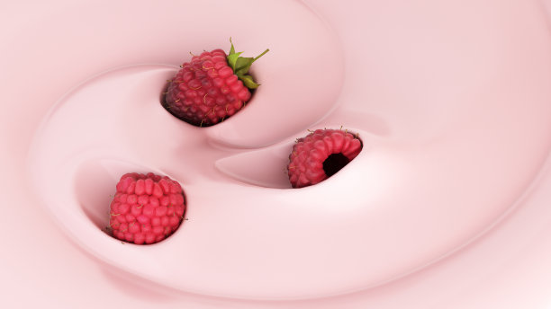树莓漂浮在酸奶中呈现乳制品风味的3d渲染图像图片下载