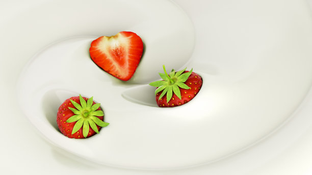 草莓浮在酸奶中呈现乳制品风味的3d渲染图像图片下载