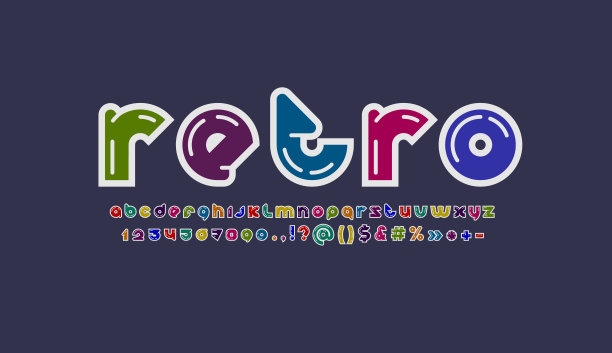 原始现代字母表，圆形字体，字母和数字是复古颜色，矢量插图10EPS图片下载