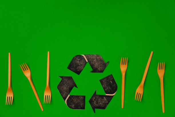 零浪费一次性餐具叉在绿色背景图片下载