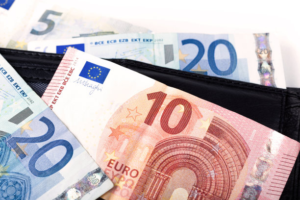 一堆简单的欧洲货币——欧元、10、20、5元钞票放在一个时尚的黑色钱包里。摘要商业支付和小投资的理财理念图片下载