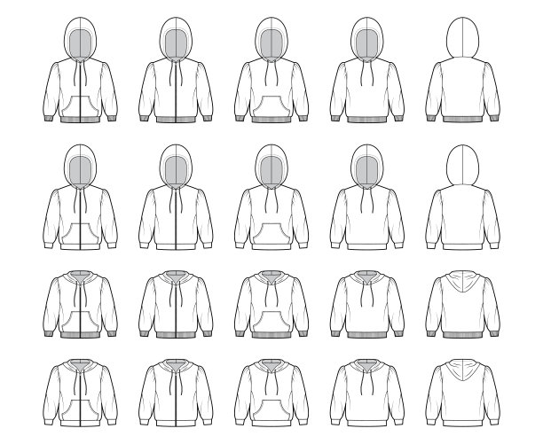 一套拉链卫衣运动衫技术时尚插图与肘部袖子，放松身体，针织肋骨袖口，带状下摆图片下载