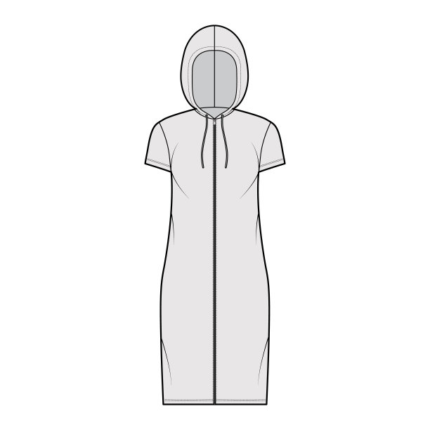拉链连帽衫连衣裙技术时尚插图与短袖，膝盖长度，超大的身体，铅笔丰满。平图片下载