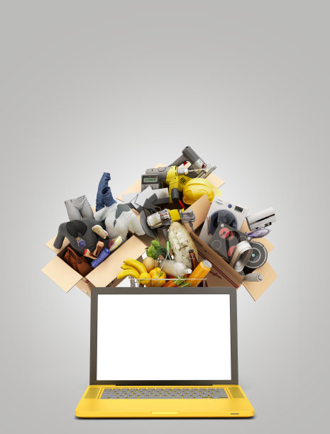 从超级市场网上订购商品。产品，衣服和家用电器在盒子上的笔记本电脑与空白屏幕3d渲染灰色梯度图片下载