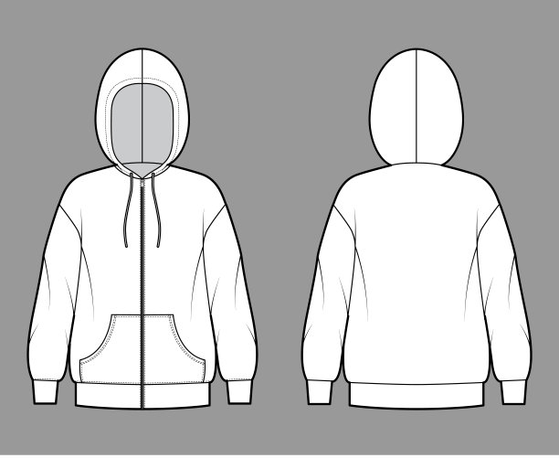 拉链卫衣运动衫技术时尚插图与长袖，超大的身体，袋鼠袋，带状下摆图片下载