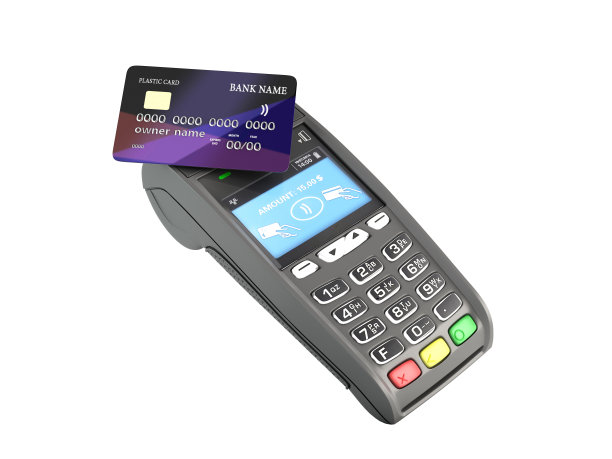 非接触式支付，通过终端信用卡3d渲染，白色无阴影图片下载