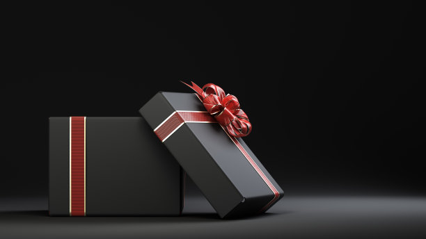 打开空的黑色礼盒与红色丝带从前面的3d渲染在黑色的背景图片下载