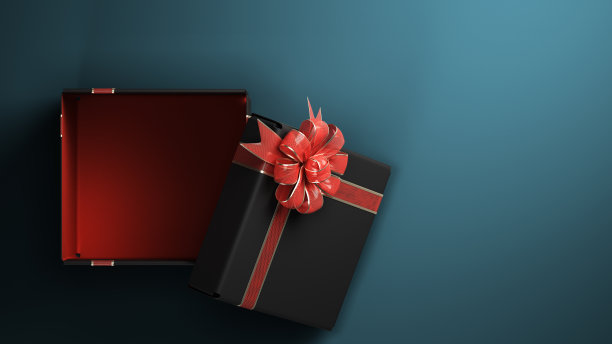打开空的黑色礼品盒与红色丝带3d渲染在深蓝色的背景图片下载