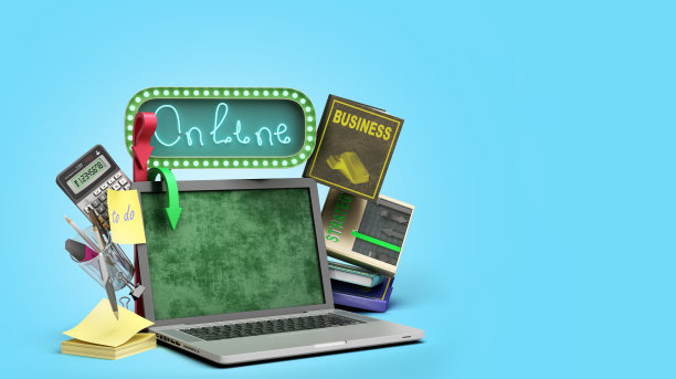 在线业务培训概念空屏幕笔记本电脑与书籍和计算器3d渲染在蓝色渐变背景图片下载