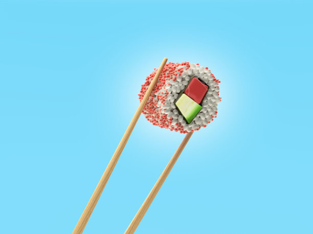 展示产品介绍卷三明治之间的两个棍子寿司3d渲染蓝色梯度图片下载