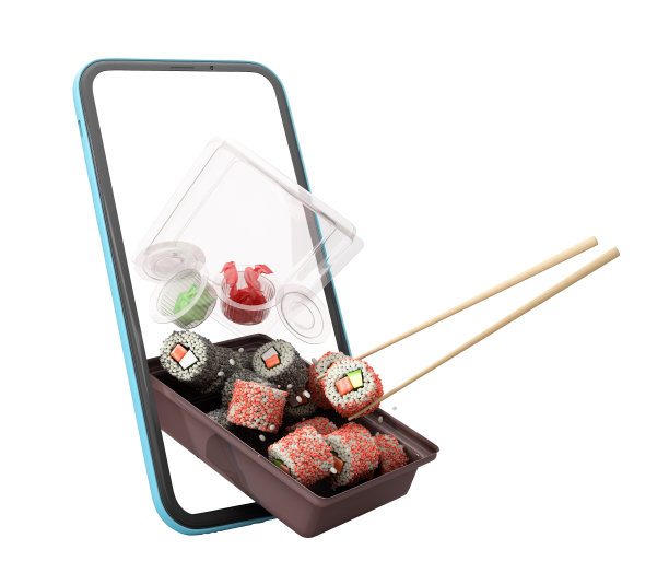 食品配送概念展示产品展示卷集飞出从黑色配送盒板3d渲染上白色无阴影图片下载