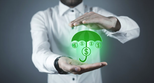 一名男子撑着一把带有美元符号的伞。钱的保护。金融保险图片下载