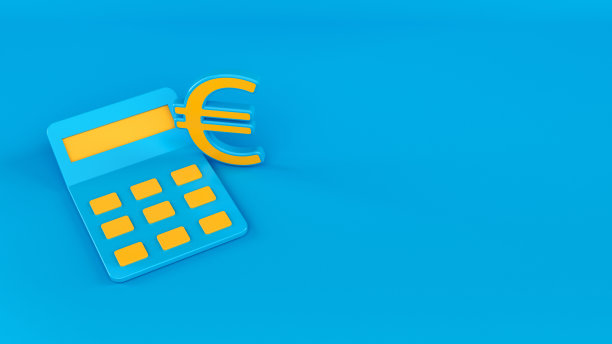 蓝色和黄色的欧元符号和计算器计算概念在蓝色的背景图片下载
