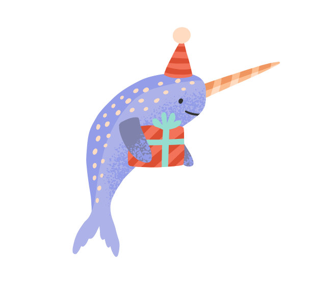 节日卡通独角鲸与礼盒捆绑图片下载
