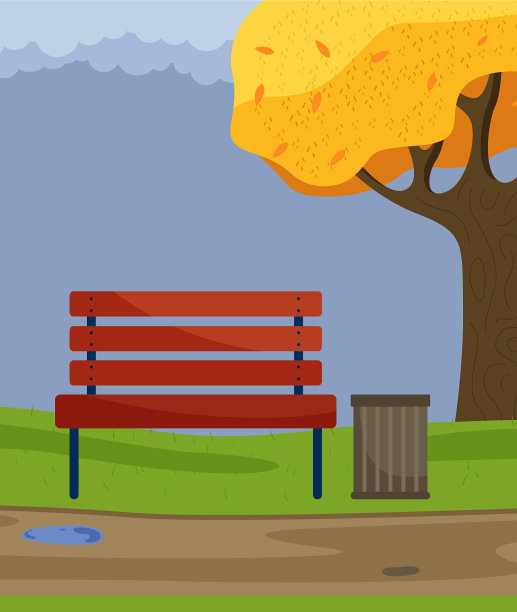 公园里的红色长凳和垃圾桶下面大大的图片下载