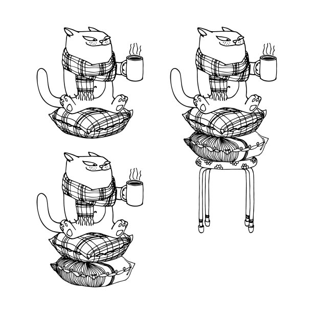 可爱的猫在围巾坐在格子枕头与杯子图片下载