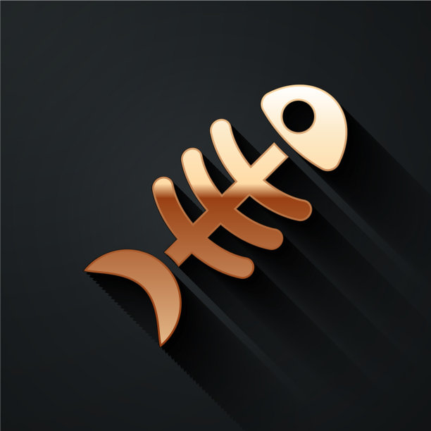 金色的鱼骨架图标孤立在黑色上图片下载