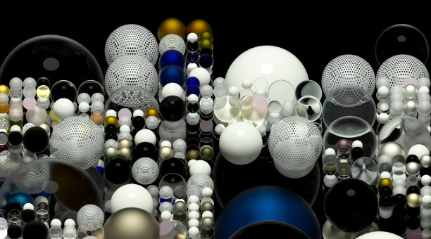 3d渲染抽象艺术的3d背景与超现实的球或球体在小和大尺寸马赛克网格图案的陶瓷金属和玻璃材料，在黑色的背部，蓝色的绿色和灰色图片下载