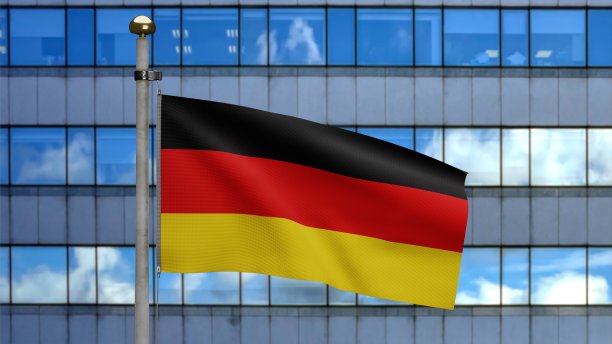 3D插图德国国旗在企业天际线现代城市。塔德图片下载