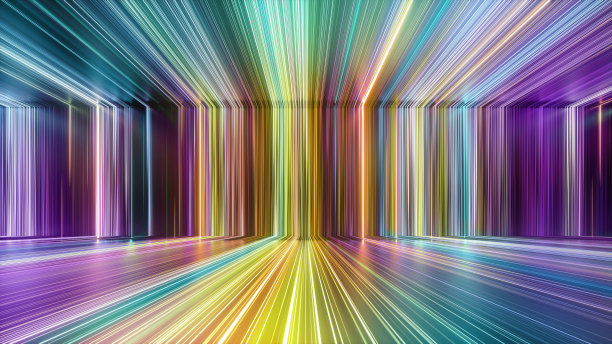3d渲染，抽象背景。空荡荡的房间里有明亮的霓虹灯和发光的线条。彩色光谱图片下载